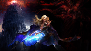 Woman blue dress holding light - dark fantasy art free wallpaper