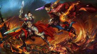 Two men armor fighting fire - du jin free wallpaper for desktop