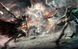 Fantasy creatures fighting sky background - game art free wallpaper for desktop