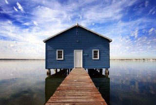 Blue house wooden pier water 2 - bob thompson free wallpaper