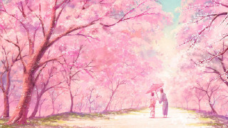 Couple under umbrella pink forest - the ground and a path free wallpaper