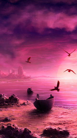 Boat water birds city sunset - anne stokes free wallpaper for mobile