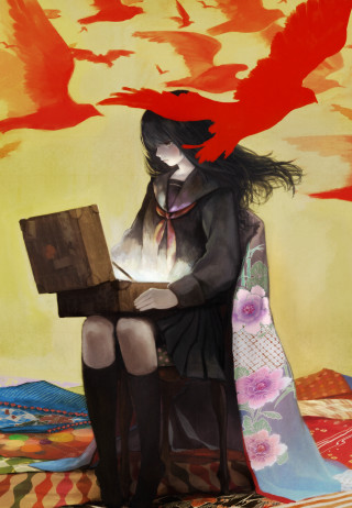 Woman bed box bird flying - serial art free wallpaper for mobile