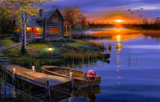 Boat lake cabin sunset full - digital painting free wallpaper for desktop