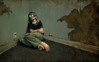 Woman sitting green eyes cyberpunk - dystopian art free wallpaper