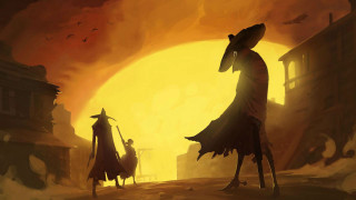 Woman child walking street sunset - a sun in the background free wallpaper