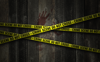 Caution tape wooden wall handprint - a bloody hand free wallpaper