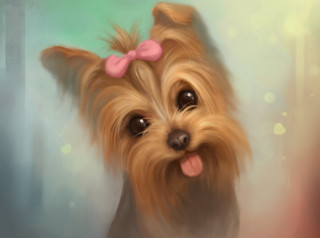 Dog painting pink bow green - professional digital painting free wallpaper