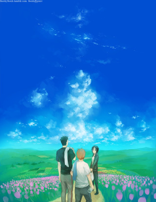 Couple people field flowers blue - top of a field free wallpaper