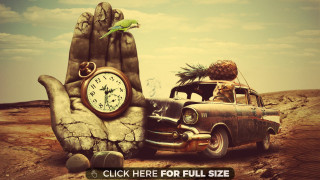 Car clock hand bird perched - a surrealist painting free wallpaper for desktop