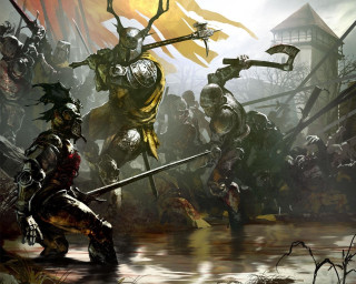 Knights battle demon fight painting - a painting of a group free wallpaper