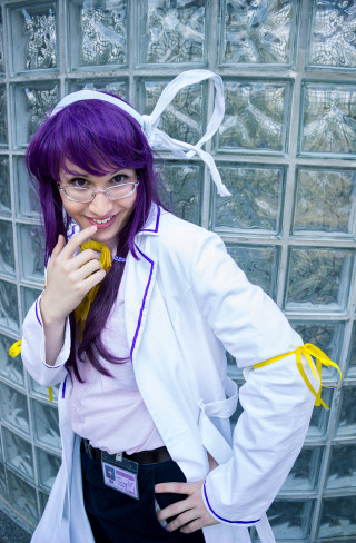 Purple hair glasses labcoat woman - a white jacket free wallpaper