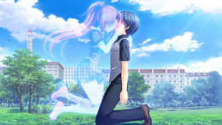 Girl black shirt girl blue - a building in the background free wallpaper for desktop