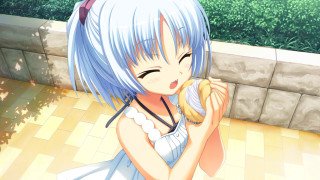 Girl blue hair eating banana - a brick wall behind her free wallpaper