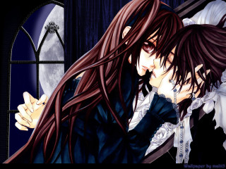 Anime couple kissing moon window - free valentines wallpaper for desktop