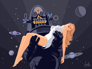 Woman giant robot space planets - a spaceship in the background free wallpaper