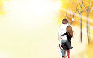 Couple biking fall leaves yellow - a white sky in the background free wallpaper