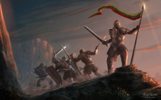 Knights holding flags standing hill - fantasy concept art free wallpaper for desktop