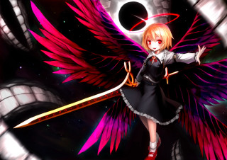 Girl sword wings dark room - darkness free wallpaper