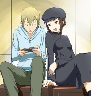 Man woman bench looking cell - his lap free wallpaper