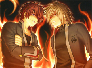 Anime characters fire background arms - their eye free wallpaper