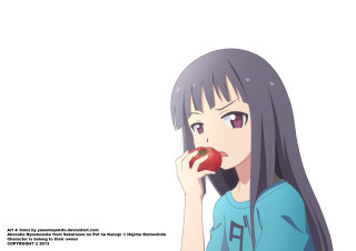 Girl eating apple smiling camera - an apple free wallpaper