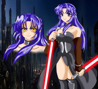 Purple haired anime girls lightsabers - night free wallpaper for tablet