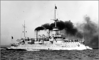 Large ship smoke stacks sailing - matte drawing free wallpaper