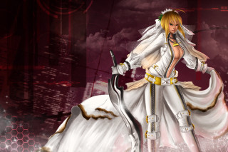 Woman white dress sword gold - digital art free wallpaper for desktop
