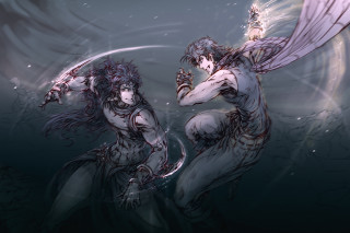 Couple people water wings sword - their back free wallpaper