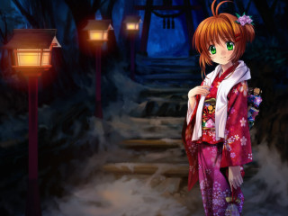 Woman kimono forest night lantern - a lantern free wallpaper