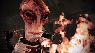 Creepy alien holding gun flames - flame and smoke free wallpaper