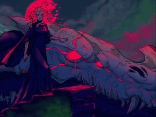 Woman long dress rock red - a red light behind her free wallpaper