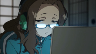 Woman headphones glasses laptop room - focus free wallpaper