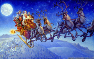 Santa sleigh reindeer fullmoon aurora - free christmas wallpaper
