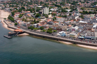 City pier water opposite city - aerial view free wallpaper for desktop