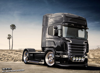 Black semi truck desert palm - a desert area free wallpaper