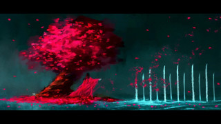 Tree red leaves man standing - cinematic concept art free wallpaper for desktop