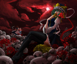 Woman sitting pile skulls field - a red sky in the background free wallpaper