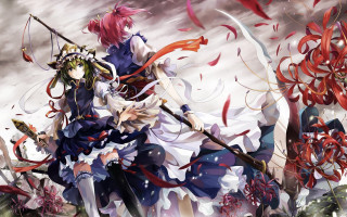 Anime couple swords red streamers - a couple of anime characters holding swords free wallpaper