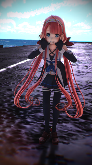 Anime red hair black outfit - a beach free wallpaper for mobile