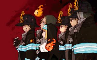 Firefighters group red background uniforms - official art free wallpaper for desktop