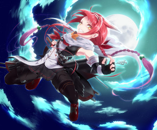 Anime girl flying sword moon - her hand and a moon in the background free wallpaper