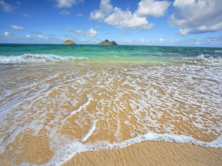 Beach waves island blue sky - a small island in the distance free wallpaper
