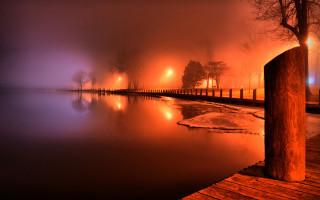 Foggy night lake dock trees - a foggy night free wallpaper