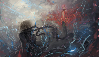 Red blue background autodestructive ufotable - two person free wallpaper for desktop