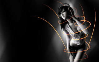 Woman white shirt headphones orange - artist free wallpaper for desktop