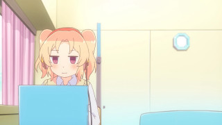 Girl laptop room open door - a window behind her free wallpaper