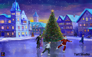 People skating christmas tree town 4 - a painting of a group free wallpaper