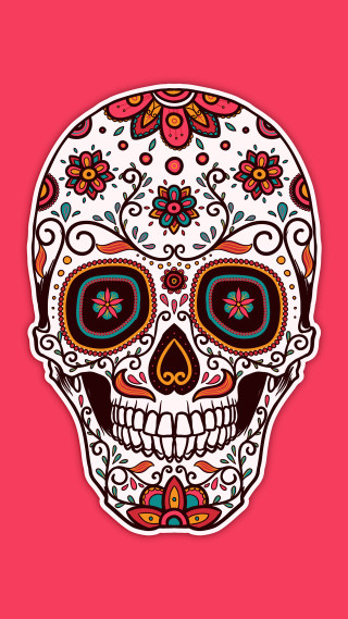 Skull flowers sticker pink background - vector art free wallpaper for mobile